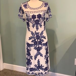 Blue And White Embroidered Dress W/ Mesh Overlay